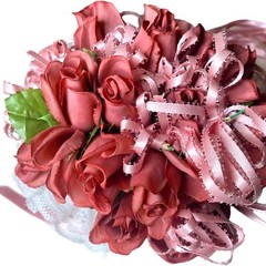 VTG Silk Flower & Lace Streamers Wedding Bridal Bouquet Red Rose & Pink Ribbons