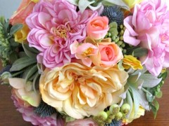 Silk Flower BRIDAL BOUQUET Pastel Rainbow Colors Dahlia Roses Ranunculus Thistle