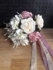 Bridal Bouquet Pink Cream Roses Lace Ribbon Shabby Chic Wedding Decor Prop