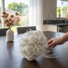 Real Touch Wedding Bouquet White Roses Crystal Bling Handle Silk Bridal Flowers