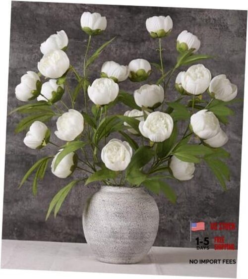 florisso 6 Pcs 27″ Faux Silk Artificial Peony Flowers, Fake Peony White
