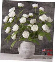 florisso 6 Pcs 27″ Faux Silk Artificial Peony Flowers, Fake Peony White