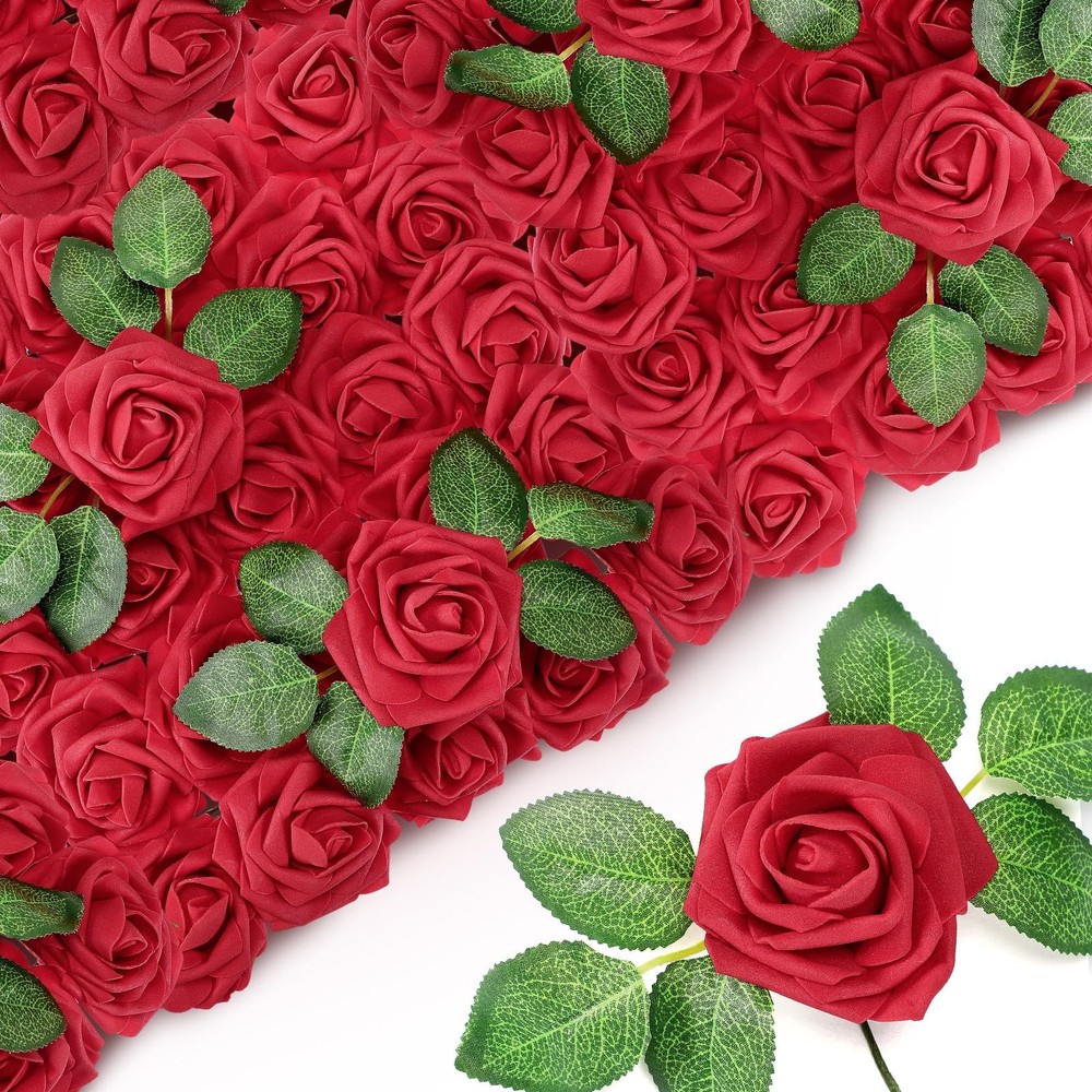 Sherr 250 Pcs Artificial Roses Flowers Bulk Fake Rose with Stem Faux Burgundy