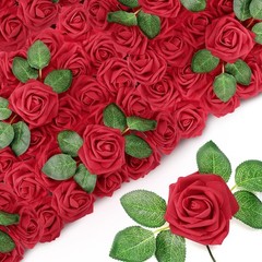 Sherr 250 Pcs Artificial Roses Flowers Bulk Fake Rose with Stem Faux Burgundy