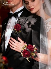 Serwalin Burgundy Prom Corsage and Boutonniere Set, Artificial Calla Lily Red Ro