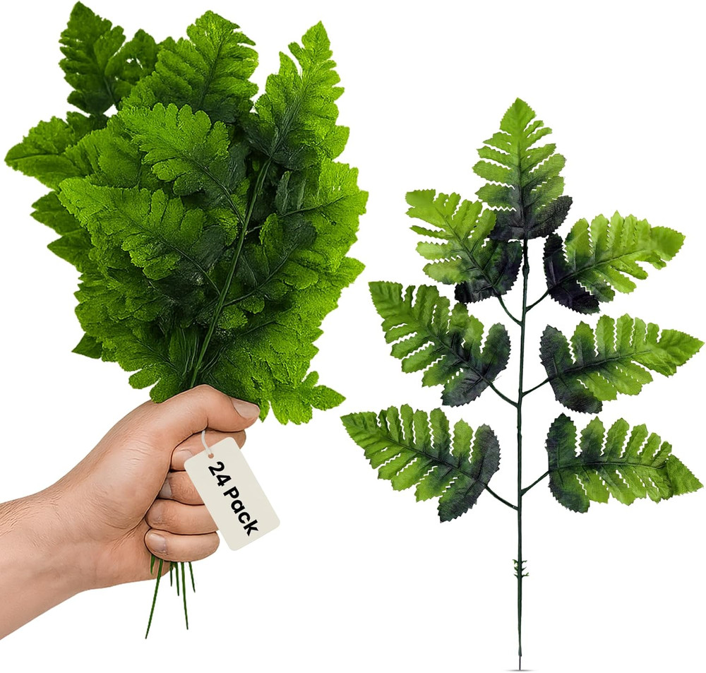 24-Pack Artificial Silk Leather Leaf Fern Fronds, 16-Inch, Wedding Décor Floral