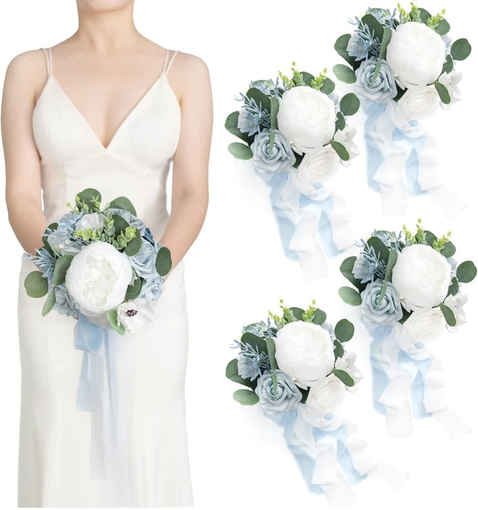 Ling’s Moment Dusty Blue Bridesmaid Bouquet Set of 4, Blue Wedding Bouquets f…