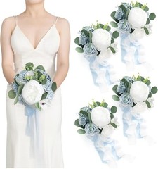 Ling’s Moment Dusty Blue Bridesmaid Bouquet Set of 4, Blue Wedding Bouquets f…