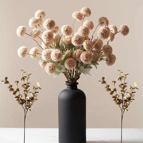Fake Flowers Silk 10 Mum Stems Eucalyptus Arrangement, Faux Flowers For Beige