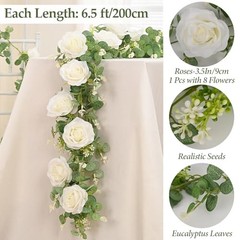 2Pcs 13Ft Artificial Eucalyptus Garlands with Flowers – 8 2 Pcs White Rose