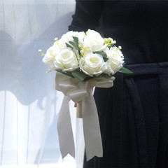 Realistic White Pink Flower Bridal Rose Bouquet Artificial Wedding Decor