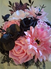 Pink Black Wedding Bouquet and Boutonniere, 2pc Set