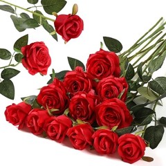 12PCS Artificial Silk Flowers Realistic Roses Bouquet 6 Flowers 6 Buds Red