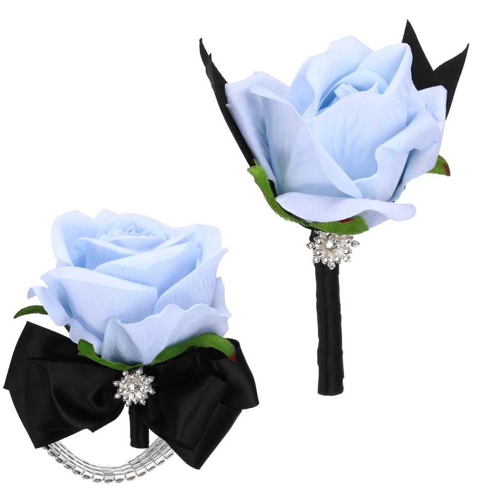 2Pcs Wrist Corsage Boutonnieres Set with Black Ribbon, Light Blue