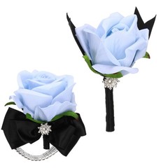 2Pcs Wrist Corsage Boutonnieres Set with Black Ribbon, Light Blue