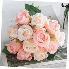 Artificial Roses Flowers 12 Heads Arrangement Silk Bouquet Pink With Champagne