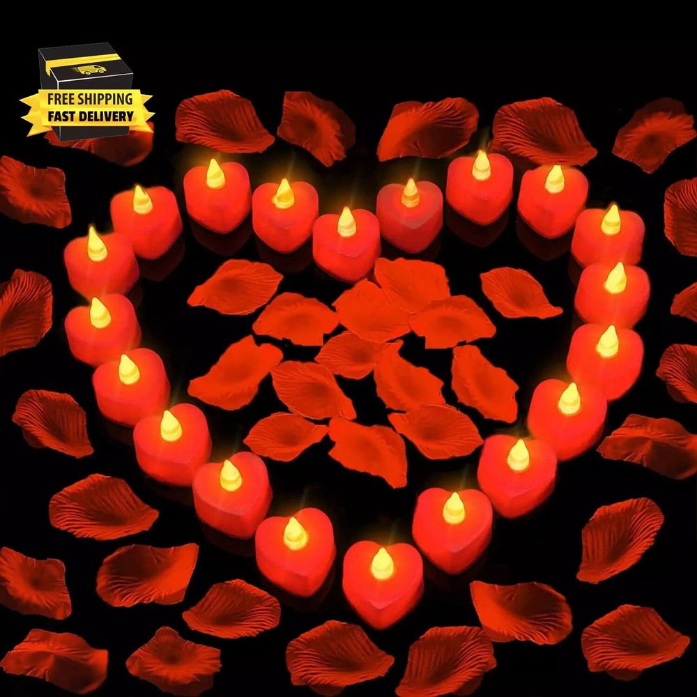 1000 Pieces Artificial Red Rose Petals with 24 Pieces Heart Romantic Flameless L