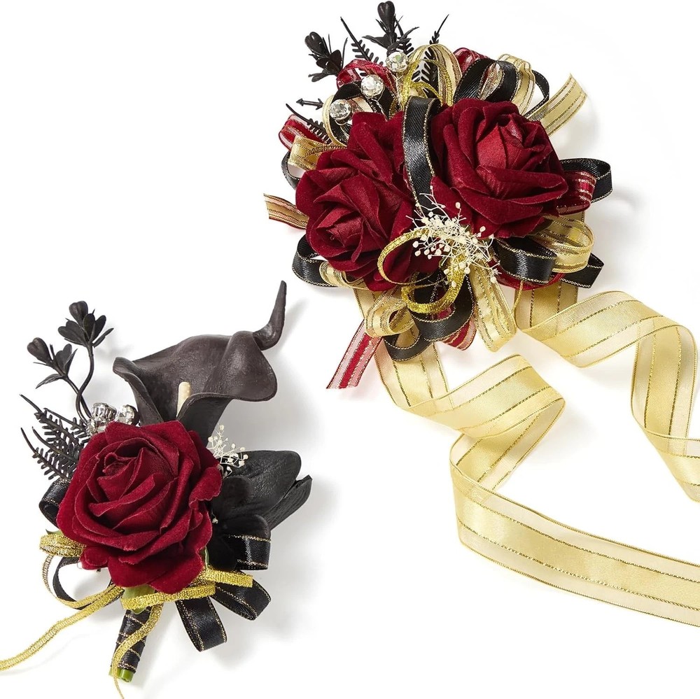 Black and Burgundy Calla Lily Corsage and Boutonniere Set for Formal Events