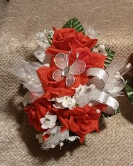 NEW 5″ Artificial Red Rose Wrist Corsage Pearls, Butterfly Silver Bow Red Bout