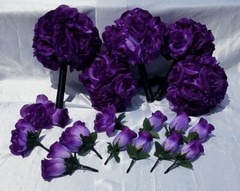 17 Pc. Wedding Bouquet Package, Purple Roses, Purple & Black Wedding Bouquet Set