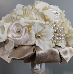 Brooch Bridal Bouquet with Ivory Hydrangea, Satin Rose, burlap, lace, and pearls