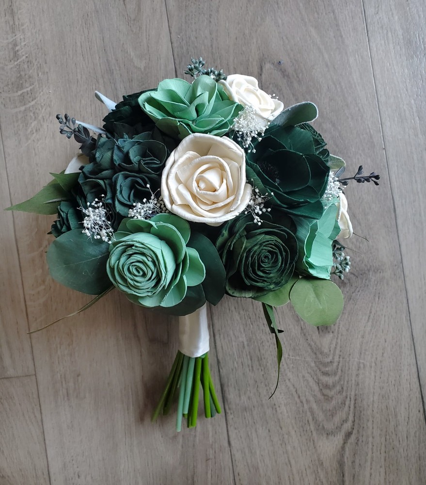 Emerald Green Bridal Bouquet Sage Sola Wood Bridesmaid Wedding Flower Prom Decor