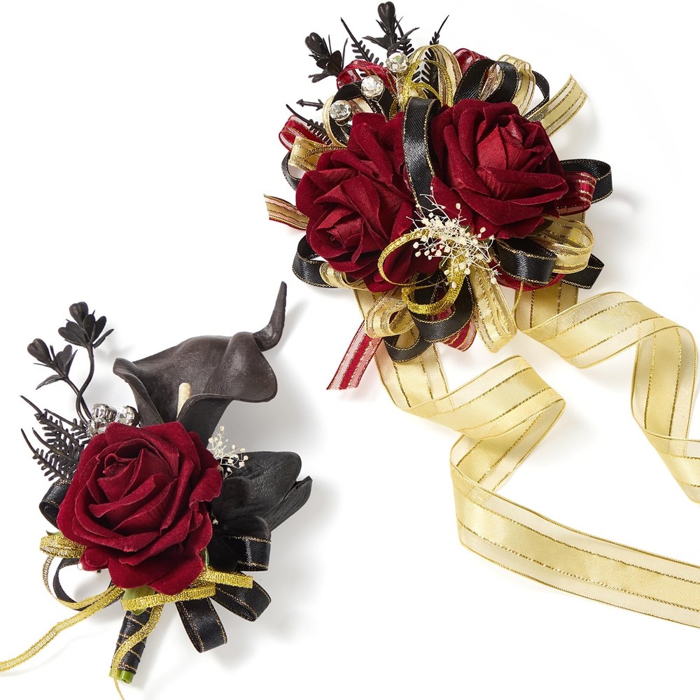 Serwalin Burgundy Prom Corsage and Boutonniere Set, Artificial Calla Lily Red Ro