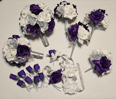 Wedding Bouquet Set Of 18, Bridal Bouquets Corsages Boutonnieres Purple Silver