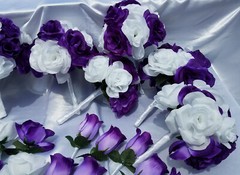25 PC Wedding Bouquet Package, Purple & White Roses, Wedding Flower Bouquet Set