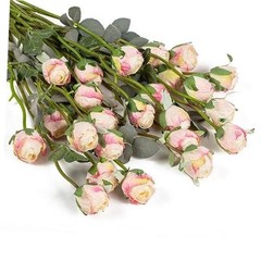 24pcs Artificial Flowers Fake Silk Mini Rose with Long Stem for DIY Cream Pink