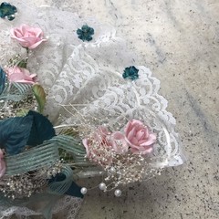 Vintage Shabby Chic Heart Wedding Bouquet Lace Green Ribbon & Pink Roses Wrist