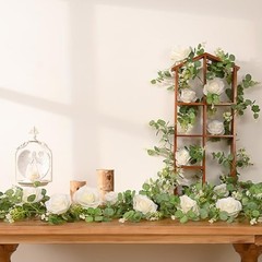 2Pcs 13Ft Artificial Eucalyptus Garlands with Flowers – 8 2 Pcs White Rose