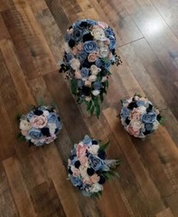 9PC Dusty Blue Pink Sola Wood Bridal Bouquet Artificial Blush Wedding Flower Set
