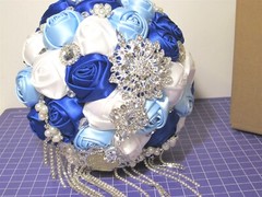 8″ Wedding Bouquet Royal Blue & White Artificial Closed Roses with Rhinestones