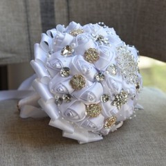 Handmade Luxury Rose Silk Pearls Rhinestone Brooch Wedding Bridal Bouquet Ivory