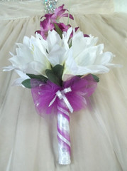 Wedding Bouquet White Lilies Ribbons Purple Orchids Tulle Men’s Corsages