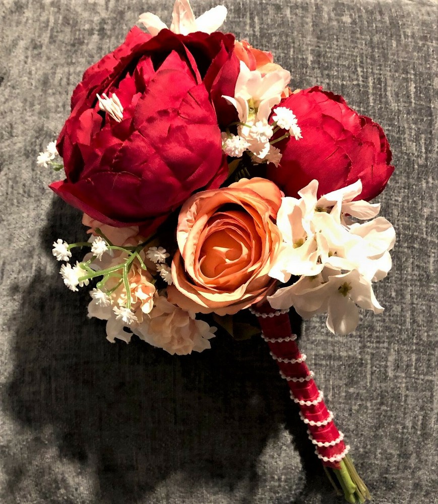 Red, Pink and White Faux Flower Wedding Bouquet with Ribbon & Pearl Embellishmnt