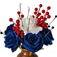 Patriotic Artificial Rose Flowers Berry Stem Picks Red White Blue Silk Floral
