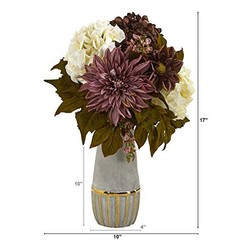 17in. Peony, Hydrangea and Dahlia Artificial Arrangement in Stoneware Purple