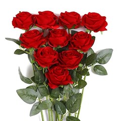 10Pcs Artificial Roses Flowers, Realistic Blossom Roses, Real Touch Silk Red