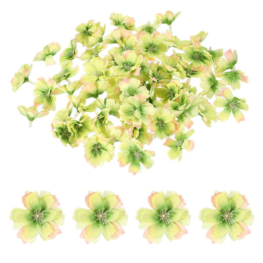 100Pcs Fake Silk Flower Heads, Artificial Cherry Blossom Wedding, Yellow/Green