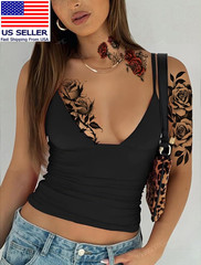 7Pcs Red Temporary Rose Flower Arm & Leg Tattoo Stickers, Sexy Stripper Chest &
