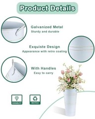 9″ Tall Galvanized Flower Bucket Pcs French Metal Vases with 6 Vintage White