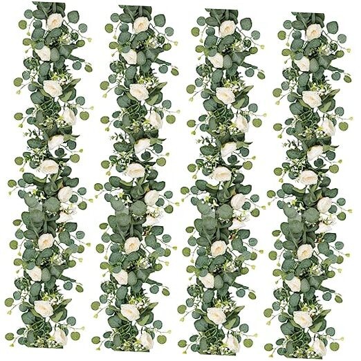4 Pack Artificial Eucalyptus Flower Garland with Roses, Fake Rose 4PCS White