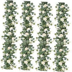4 Pack Artificial Eucalyptus Flower Garland with Roses, Fake Rose 4PCS White