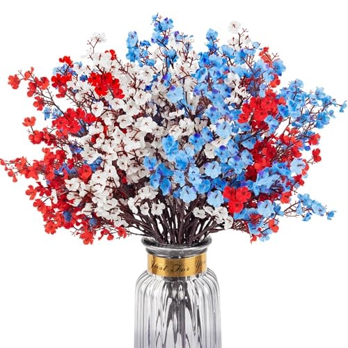 4th of July Babys Breath Artificial Flowers 16 Bundles Red White Blue Fake Silk