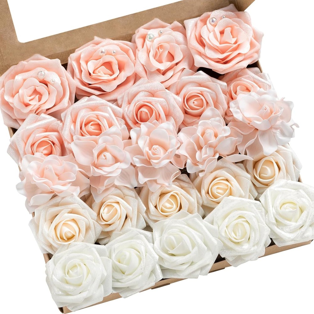 Ling’s Moment Artificial Flowers Blush & White Roses & Gardenia Combo DIY 24 pcs