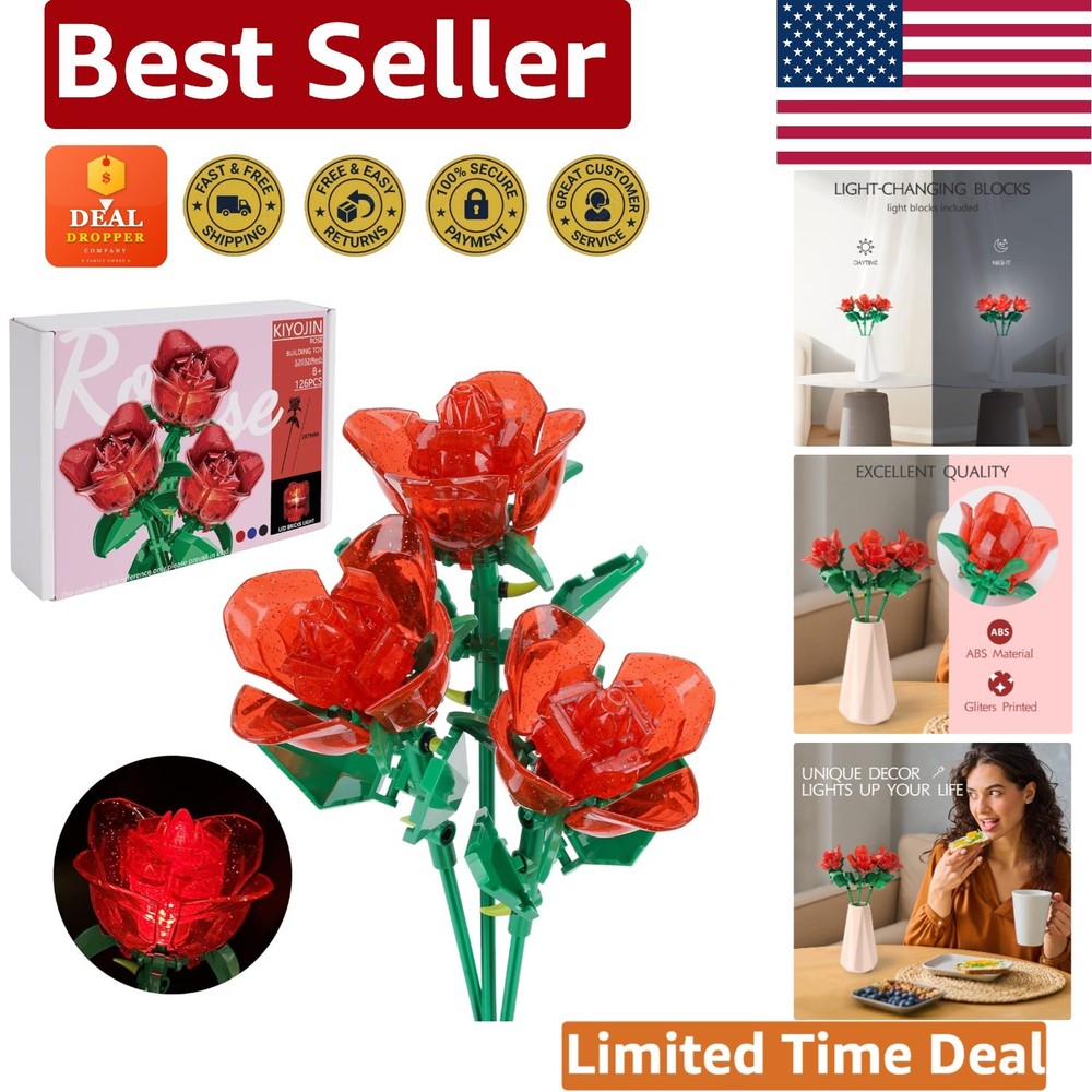 A Creative 126pc Rose Flower Building Set with Light for Unique Home Decor