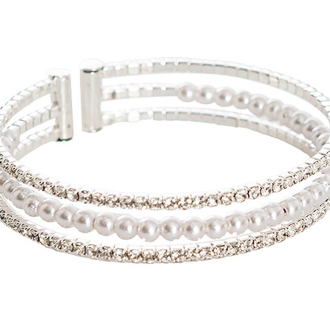 CORSAGE BRACELET Cuff Silver Pearl Diamante flowers wedding formal anniversary