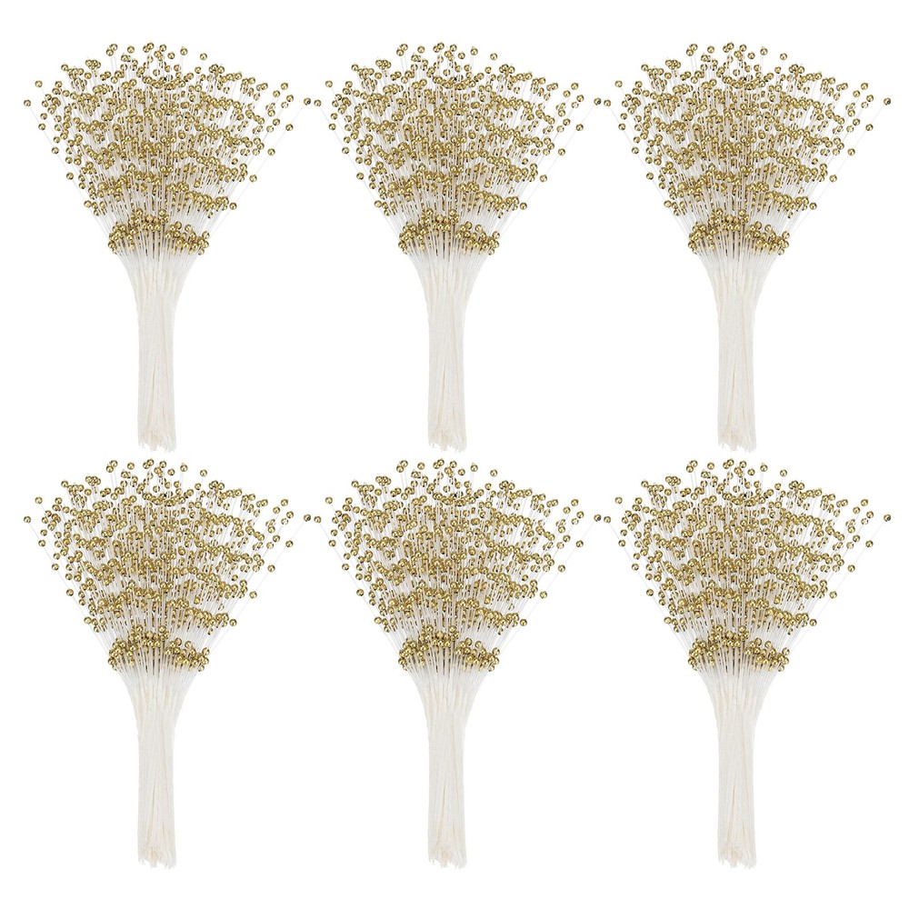 60 Pcs 4mm Pearl String Bouquet Pearl Stick Stems Bouquets Garland Spray, Gold